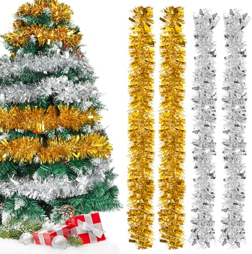 Guirlandes Tinsel Noël Argent et Or,Guirlande De Noel Sapin Brillante 2m,Lot de 4 Guirlande Tinsel Métallique Scintillantes,Guirlande de Décoration de Noel