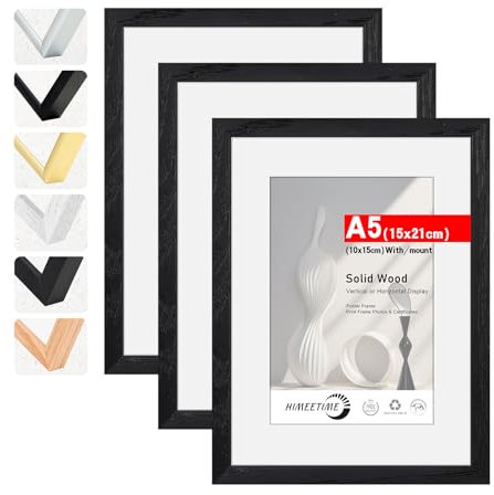 HIMEETIME® 3x cadre photo A5,14,8x21 cm en massif Bois noir, cadre en bois de naturel 2 pièces,Présentoir photo 10x15cm avec passe-partout，Pour affichage mural - 15x21cm