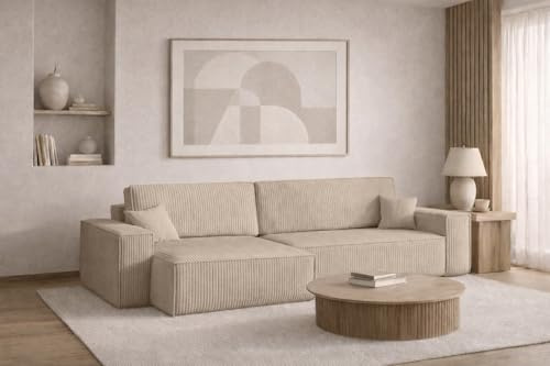 Kaiser Möbel - Ecksofa mit Schlaffunktion und Bettkasten, Schlafsofa mit Bettzeugbehälter, Wohnlandschaft L-Form, Klappsofa, Cord Stoff, Bequemes Couch für Wohnzimmer, Best XL, Dunkelbeige, Links