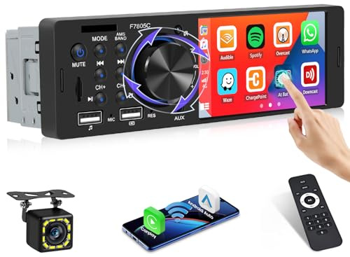 1 DIN Autoradio con 4 IPS Pantalla Táctil Wired CarPlay Android Auto | Radio con Botones Bluetooth 5.1 Autoradio Mirror Link FM RDS Control al Volante Doble USB AUX TF Card MIC Cámara de Retroceso