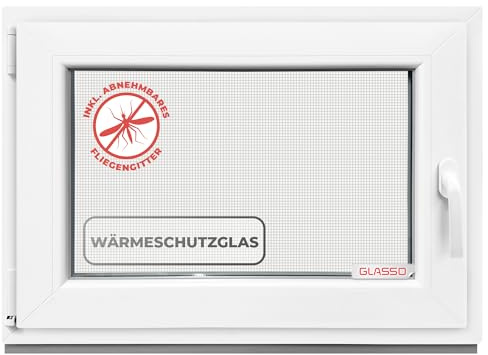 GLASSO Fenster 100x80 cm 3-fach Verglasung - Kunststofffenster 76mm Profil -Din Links-BxH: 1000x800mm- Ideal für alle Wohnbereiche | Gartenhaus | Garagenfenster | Kellerfenster Dreh-Kipp-Funktion