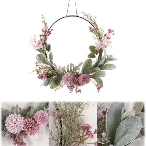 Wangark Frühlingskranz, Türkranz Deko, Türkranz Künstliche Blumen, Künstlicher Haustürkranz Mit Rosa Blüten Und Grünen Blättern, Metallring Eukalyptus Girlande Frühlingskranz, Ostern Haustür Frühlings