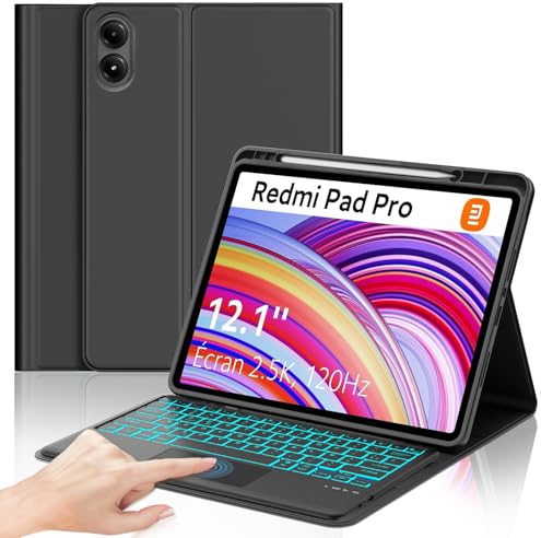 SENGBIRCH Coque Clavier pour Redmi Pad 2 Pro 12.1 2025/Pad Pro 12.1 2024 - AZERTY Français rétroéclairé 7 Couleurs Touchpad Clavier Détachable sans Fil Bluetooth, Noir