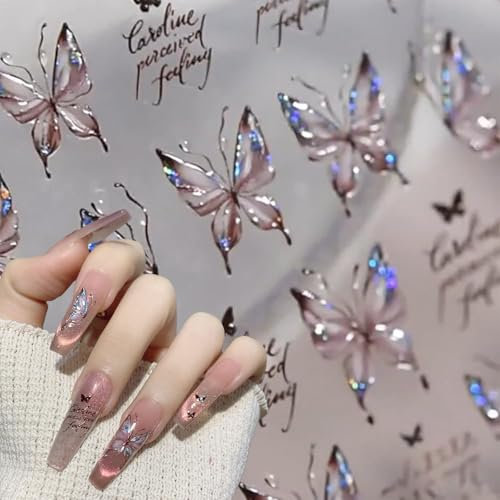 TELAIN 5D Adesivi Unghie in Rilievo, Design di Unghie a Farfalla, Adesivi Laser Scintillanti, 1 Foglio, Decorazione Manicure Fai-da-Te per Donne & Ragazze, Arte per Unghie Primavera ed Estate