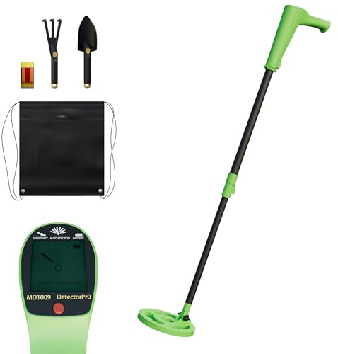 FIVMEN MD1009 - Rilevatore di metalli per bambini, con manico lungo, impermeabile, bobina di ricerca, pala e rastrello, colore: verde