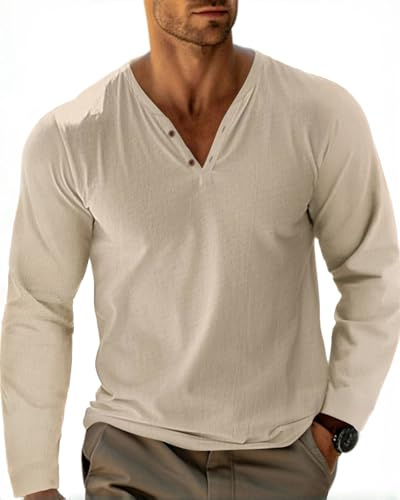 LAOARA, maglietta Henley da uomo a maniche lunghe, camicie casual button up, top leggero per le vacanze, cachi, M
