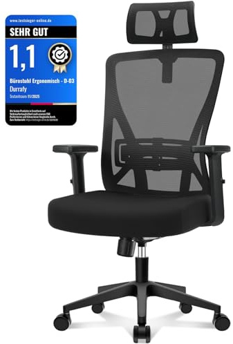 Durrafy D03 Ergonomischer Bürostuhl, Höhenverstellbarer Schreibtischstuhl mit Kopfstütze & Lendenwirbelstütze, Netzrückenlehne, 360° Drehbar, Bis 150KG Belastbar, Schwarz