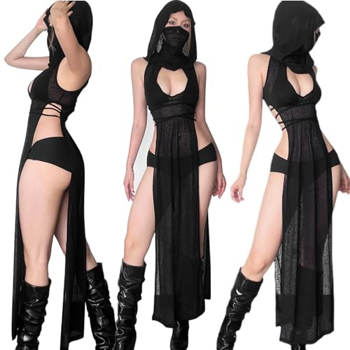 ZDQC Vestito sexy da donna trasparente gotico, costume da Halloween da donna, festival rave, vestito da donna Goth Sheer Dress,EDM Festival Outfits, set e kit (M)