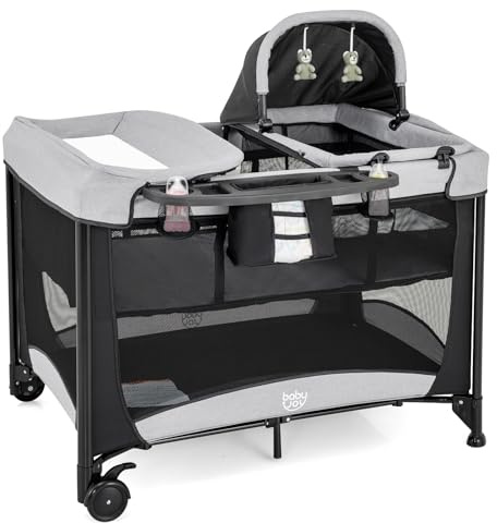 FANTASK 5 in 1 Faltbares Reisebett, Faltbares Babyreisebett mit Wickelauflage Verdickte Matratze, 2 Ebenen Kinderreisebett mit Tragetasche, 15kg belastbar (Schwarz)