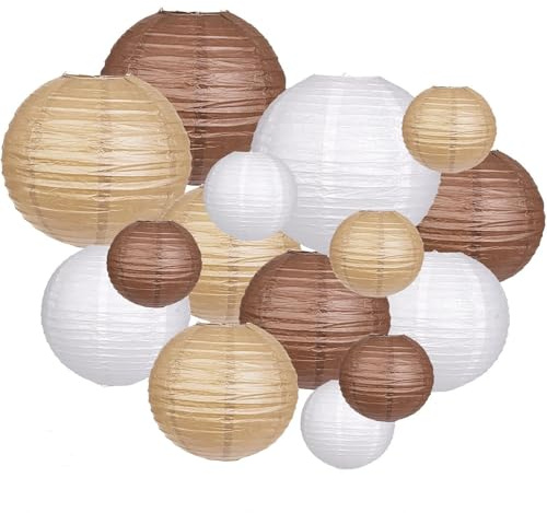Pyuyan 15 Piezas Linterna de Papel Redonda, Linternas de Papel Colgantes, Farolillos de Papel Decorativos, Faroles de Papel Marrones, para Bodas, Cumpleaños, Decoraciones de Fiestas de Jardín