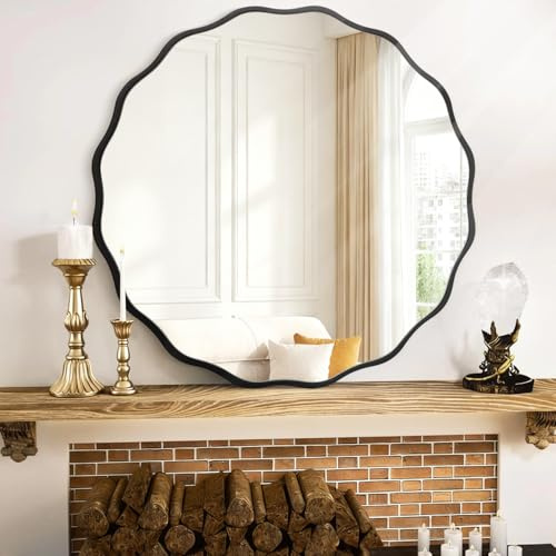 MWAZZLL Round Wavy Mirrors for Wall with Wood Framed Black Circle Hanging Mirror Decorative Modern 45cm for Bedroom Living Room Bathroom Entryway