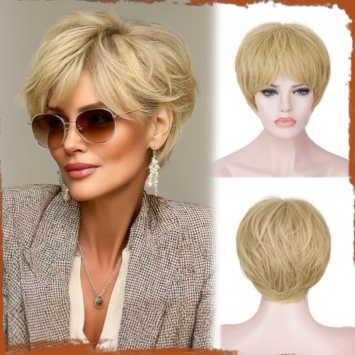Sofeiyan Pelucas Mujer pelo Natural,23 cm Peluca pelo Corto Pixie | Pelucas para Mujer Resistentes al Calor y Naturales con Flequillo para el día y las Fiestas,Rubia