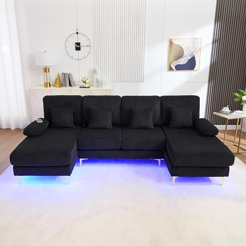 FammyLoft U-Sofa mit LED, Ecksofa mit Schlaffunktion, 265cm, Schwarz | 4 Luxuriöse Kissen, Ergonomische, Massivholzrahmen