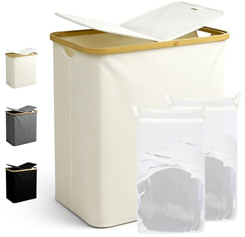 Ribelli Wäschekorb 104 Liter, Faltbarer Wäschesammler 2 Fächer mit Deckel und Herausnehmbar Wäschesack, Groß Wäschetonne für Waschküche, Bad, Schlafzimmer, Creme