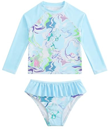 JiAmy Bañador para niña, 2 unidades, manga larga, UV, traje de baño, camiseta de baño UV, camiseta para niños de 3 a 9 años, Blue Wave, 8-9 años