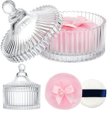 Set med 3 pulverburkar i glas, babytalklåda, med puff, för spädbarn och kvinnor, kosmetiskt pulver, för resor och som gåvor (pulver ingår ej, vit)