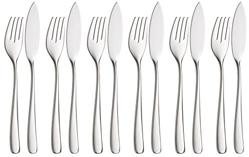 WMF Vision Fischbesteck 12 teilig, Fischset für 6 Personen, Fischgabel, Fischmesser, Cromargan protect mattiert, kratzbeständig, spülmaschinenfest