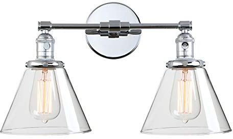 Phansthy Industrial Wall Lights Fitting with Switch 2 Lights Indoor Wall Sconces Vintage Wall Light Fixtures Funnel Glass Shade Loft Wall Lamps Perfect for Bedroom Vanity Mirror (Chrome)