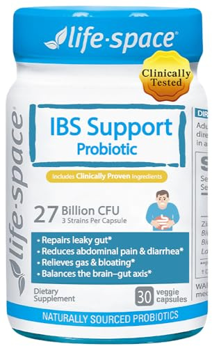 Life-Space IBS Support Probiotic, Clinically Poven to IBS Relief, 4 in 1 Probiotics for Women and Men, 27 Billion CFU, Supports Reduce Symptoms of IBS, Include Bloating, Gas & Diarrhea, 30 ct