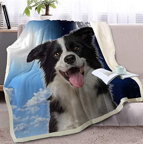RKZM Haustier Hund Sherpa Decke Auf Bett 3D Border Collie Decke Tier Tagesdecke Tag Und Nacht Himmel Landschaft Sofa Abdeckung 150 * 200 cm