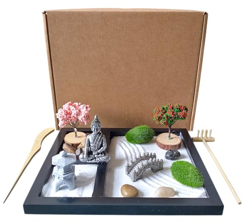 ZEN&TAO Japanese Zen Garden Kit, Black Tray with Two Trees, Two Mosses, Buhhda Statue, Bridge, Stones and Sand Toolset, 2024 New Upgrades, for Meditation, Relaxation and Gifting.