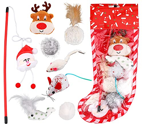 10 piezas Juguetes para Gatos interactivos Juguetes de Navidad para Gatos Juguetes para Gatitos Pequeños Varita Teaser para Gatos Juguetes de plumas Juego de calcetines navideños de juguete para gatos