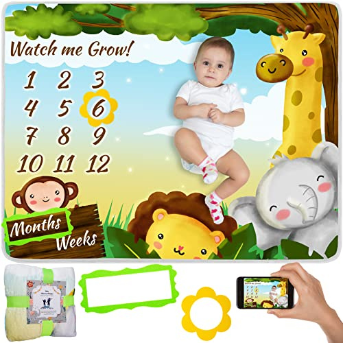 Happy Chlea® Coperta Mesi Neonato Maschio e Femmina con Cornici Segna-Mese, Tappeto Complimese Lavabile per Foto, Copertina Neonato, Regalo Nascita Originale Baby Shower, Certificata Oeko-Tex