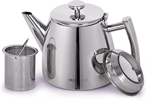 Teekanne aus rostfreiem Edelstahl (1L) - Mit Tee-Ei für losen Tee - Die doppelwandige Isolierung hält Tee länger warm - Langlebiges, kratzfestes, schickes Design für die stilvolle moderne Küche (1L)