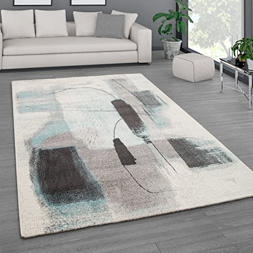 Paco Home Teppich Wohnzimmer Schlafzimmer Kurzflor Vintage Optik Bunt Modern Pastell Abstrakt, Grösse:80x150 cm, Farbe:Türkis