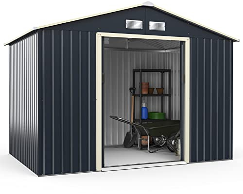 COSTWAY Gerätehaus Metall, 277x191x202 cm, Geräteschuppen abschließbar, Gartenhaus mit 4 Luftschlitzen & Schiebetür, Garten Schuppen für Rasenmäher Fahrräder, Metallschuppen Outdoor