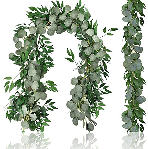 Lighterday 2Pcs Greenery Artificial Eucalyptus Garland 6.5Ft Faux Eucalyptus Willow Leaves Hanging Greenery Vines Garland for Wedding Table Crafts Wall Mantel Home Decoration