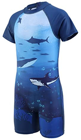 Aisyee Jungen Badeanzug Kinder Kurzarm Badeanzug Jungen Einteiler Bademode Kind Rashguard Badeanzug 3-14 Jahre, Marineblauer Hai, 13-14 Jahre