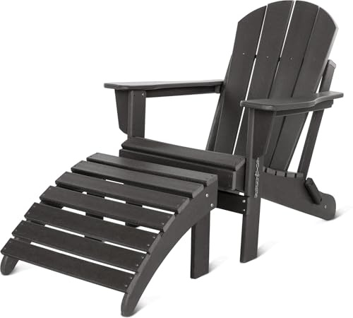normani Original Adirondack Gartenstuhl inklusive Fußstütze - Faltbarer gemütliche Gartenliege in Holzoptik - Zusammenklappbarer Terassenstuhl Balkonstuhl Farbe Anthrazit