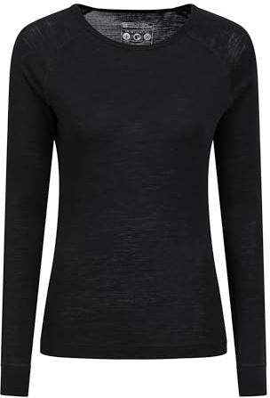 Mountain Warehouse Merino Womens Base Layer Top - Lightweight, Antibacterial & Breathable Ladies T Shirt - for Travel, Hiking, Camping, Skiing, Snowboard Black Women's Size 12