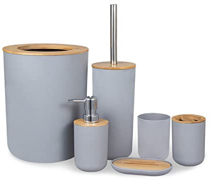 SWHC Juegos de Accesorios de baño, Simple Lustroso Acesorios Cuartos de Baño 6 Piezas con Cubo de Basura Escobillas de Baño Dispensador Jabon Baño Jabonera Baño Porta Cepillo de Dientes Gris