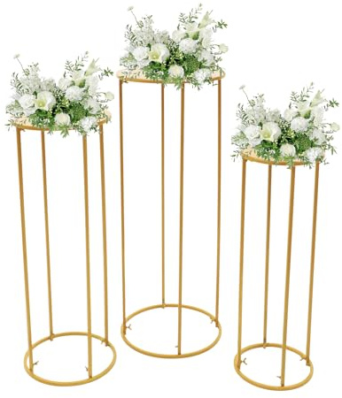 HAPPCUCOE 3Pcs Gold Metal Flower Rack,Wedding Geometric Vase Column Stand,Detachable for Wedding Party Decoration, Wedding Table Centerpieces (39.3 inch-3 pcs)