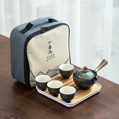 RAEF Juego de té Chino de Porcelana Gongfu, Juego de Tetera portátil con máquina de té e infusor de rotación de 360 ​​Grados, Bolsa de Regalo portátil Todo en uno