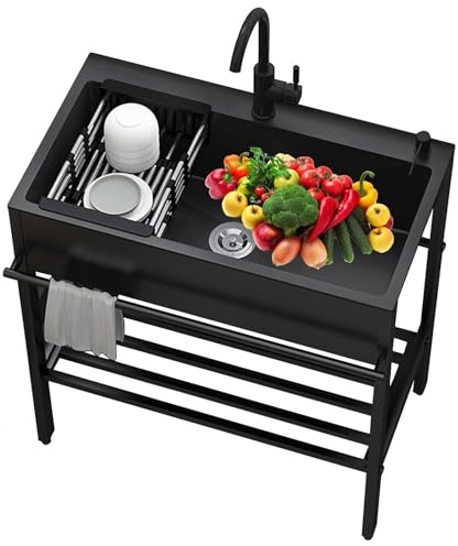 Edelstahl Schwarz Waschbecken, Freistehendes Küchenspüle Mit Heißem Und Kaltem Wasserhahn, Outdoor Ausgussbecken Mit Abtropfschale, Mobiles Waschtisch Mit Unterschrank, Für Keller Camping Outdoor ( Si