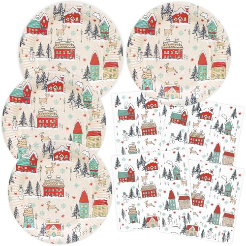 HNH Pappteller mit Servietten Set Weihnachten für 20 Personen Verschneite Straßen Weihnachtsteller Weihnachtsservietten Papierteller Papierservietten für Weihnachten Partygeschirr