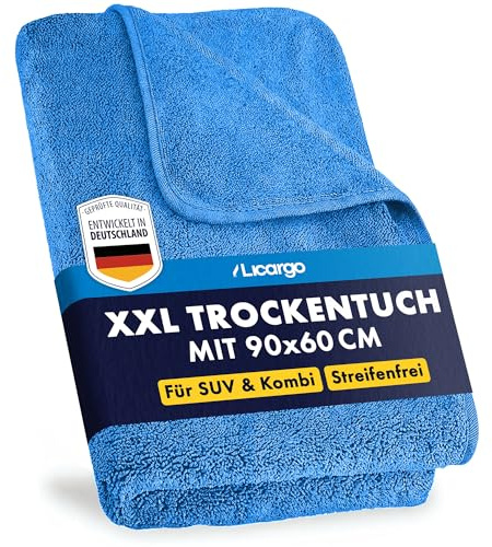 LICARGO Auto Trockentuch XXL 90x60cm - 550 GSM Mikrofasertücher Auto | Saugstarke Microfasertücher Autopflege, Streifenfreien Glanz, Fusselfrei, Lackschonend, Langlebig, Twisted Loop, Blau