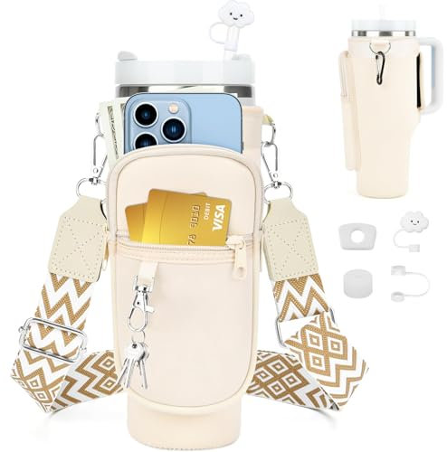 Estuche de transporte para Stanley Cup 40oz, portador de botellas de agua con correa ajustable para el hombro y bolsillo para teléfono, cubierta de pajita Cup, para accesorios Cup