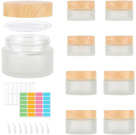 Mirraswit 8 Pezzi Vasetti Vetro per Creme 20ml con 30ml, Vetro Smerigliato Barattolo Cosmetici Vuoti, Contenitori Cosmetici Vuoti, con Cucchiaio Raschiatore, Adesivi per Etichette per Creme, Lozioni