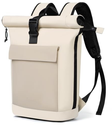 Lekeinchi Rolltop Rucksack Damen & Herren, Elegant Laptop Rucksack Wasserdicht mit 17 Zoll Laptopfach, Großer Reiserucksack Tagesrucksack Schulrucksack für Reisen, Uni Schule, Arbeit - Beige/Khaki
