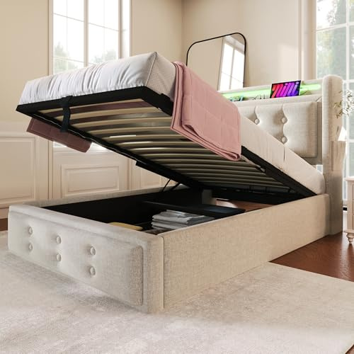 KUAKE Polsterbett 90x200cm, Einzelbett mit Stauraum und Lattenrost, LED Kopfteil mit USB Ladefunktion, Stauraumbett Funktionsbetten Rückenlehne Bettgestell, Baumwolle (Beige, 90x200cm)