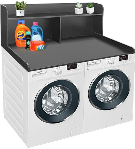 Royxen Washer Dryer Countertop with Extal Tall Shelf, Washer and Dryer Topper, Laundry Countertop with Non-Slip Pads, Universal Fit for Laundry Room Organization, Black