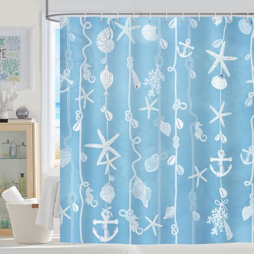 Dazzlewall Maritim Blau Seestern Duschvorhang 183x183 cm Bad Anti-Schimmel | Nautische Akzente für moderne Räume, wasserabweisend, schnelltrocknend, waschbar, inkl. 12 Haken, für Dusche, Wanne & WC