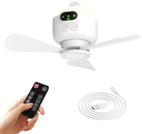 xeamun Portable Camping Fan, 10.6 Inch Tent Ceiling Fan,Rechargeable 8000mAh with Light & Hook,Timable & Auto Shut Off,Detachable Fan Blade, Used for Tent Canopy RV Porch Beach Bedroom