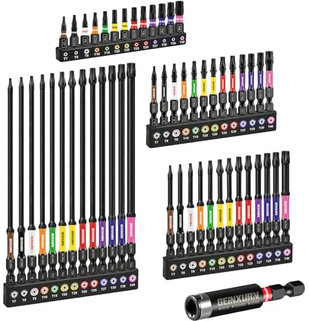 GEINXURN 52tlg. Torx Schrauber Bit Set Schlagfester T7-T40 25mm 50mm 75mm 150mm Länge, 1/4 Sechskantschaft S2 Legierter Stahl Bitsatz mit 1tlg. 60mm Magnetische Bit-Halter, Farbcodierte Basis