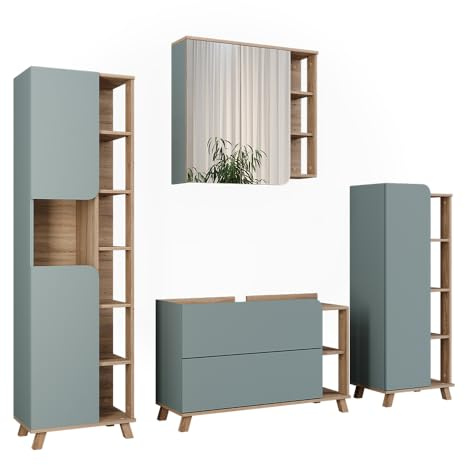 Vicco Set di mobili da bagno Karen, Sonoma/blu, 100 cm, composto da mobile lavabo, pensile a specchio, colonna e base media