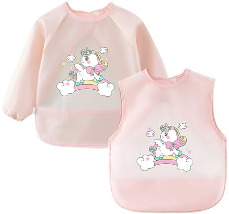 Lvjkes haklapp med ärmar, baby haklappar, 2-pack långa ärmar och korta ärmar, vattentäta haklappar med uppsamlingsbricka, för småbarn från 2-4 år, rosa, ROSA, 28*23*2cm